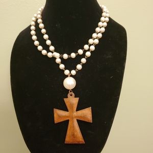 30 inch Faux Pearl and Distressed Bronze Cross Necklace